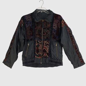 Vintage Reversible Velvet Embroidered Bomber Jacket Wmns L Boho Patchwork 80s 90
